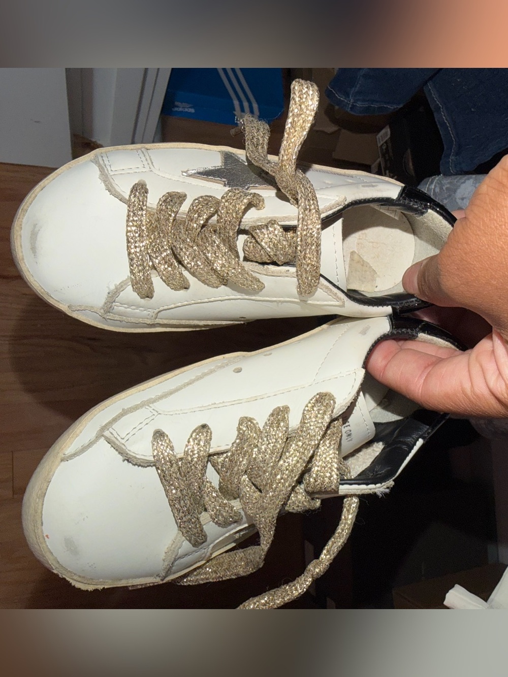 Golden Goose White Kids Sneakers with Gold Sparkle Laces